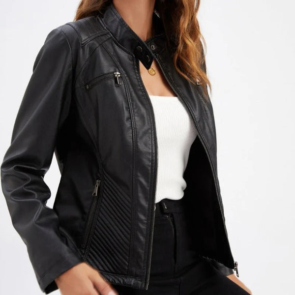 Ladies Casual Leather Jacket With Stand Up Collar