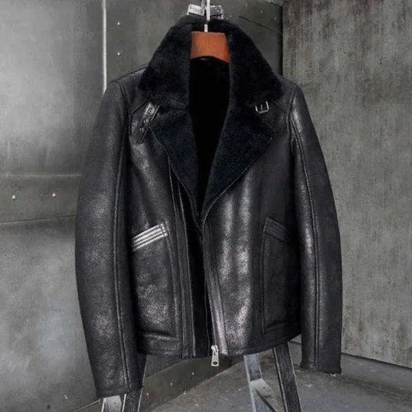 Tyler Distressed Black Shearling Jacket