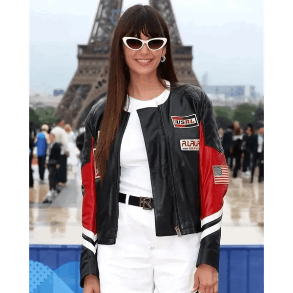 Nina Dobrev Olympics 2024 Black Leather Jacket