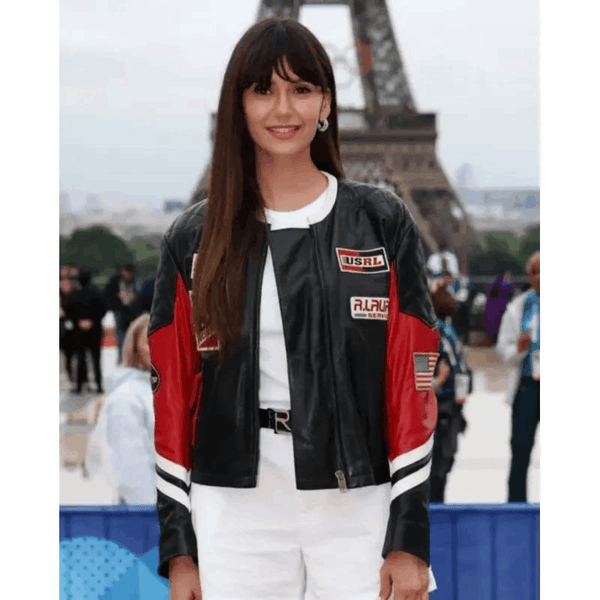 Nina Dobrev Olympics 2024 Black Leather Jacket