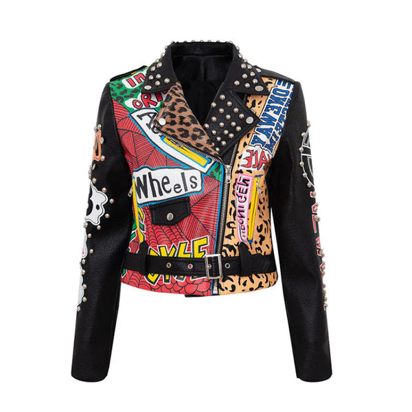 Chain Leather Jacket Printed Half Collar Stud Cropped Top Slim