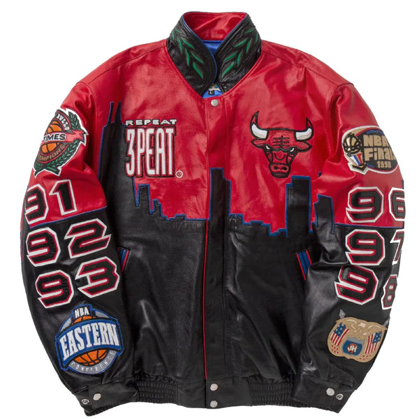 Chicago Bulls Three Peat Red & Black Leather Jacket