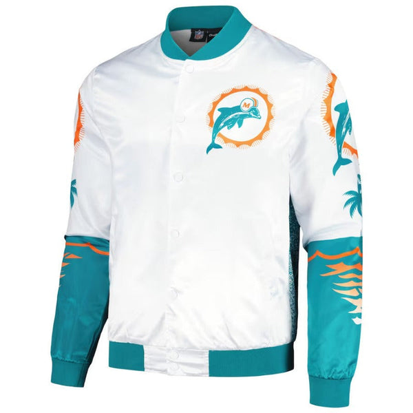 Miami Dolphins White And Aqua Bomber Jacket