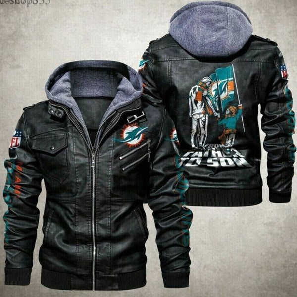 Miami Dolphins Black Leather Hoodie Jacket