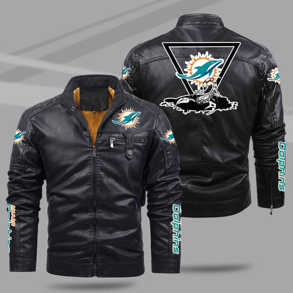 Miami Dolphins Olive Black Leather Jacket