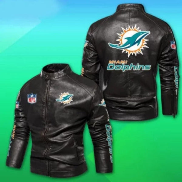 Miami Dolphins Black Leather Full Zip Jacket