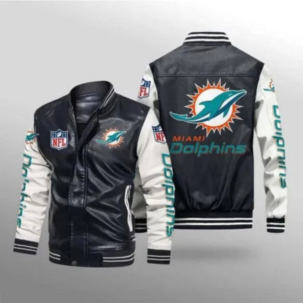 Miami Dolphins Black Leather Bomber Jacket