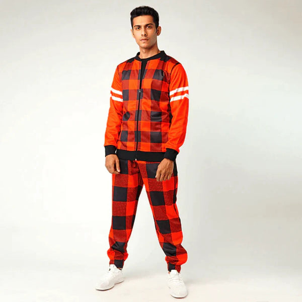 Orange And Black Checkered Print Tracksuit