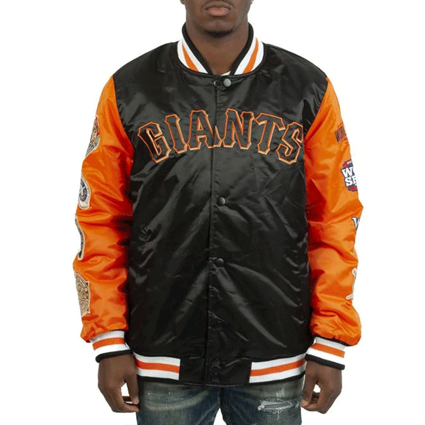 Sf 49ers Champs Giants Black Satin Patches Jacket