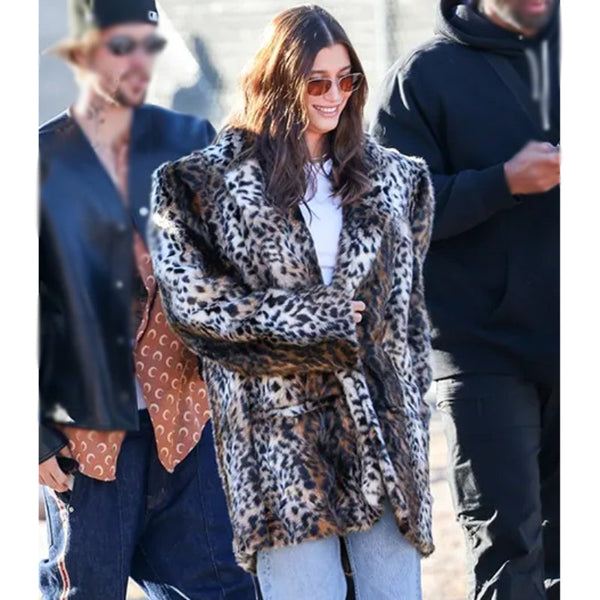 Super Bowl LVIII Hailey Bieber Leopard Print Coat