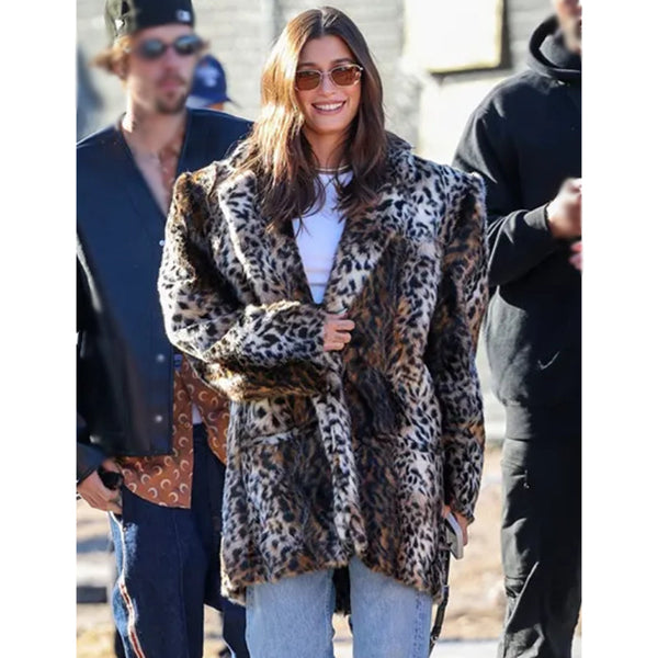 Super Bowl LVIII Hailey Bieber Leopard Print Coat