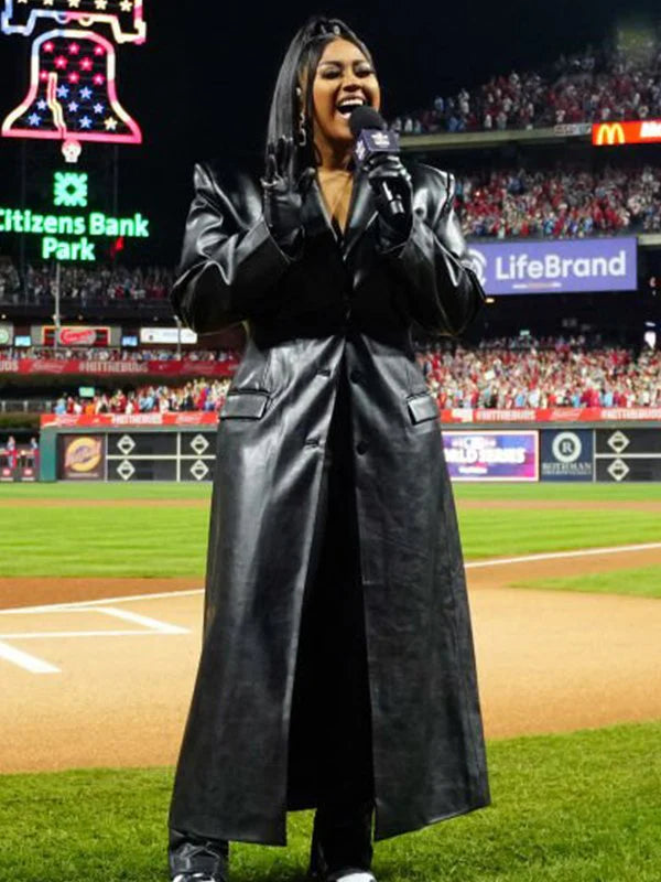 World Series Game Jazmine Sullivan Black Leather Coat