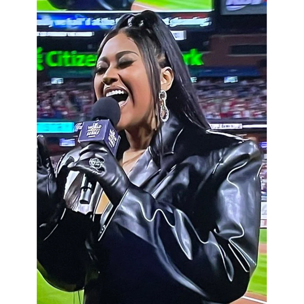 World Series Game Jazmine Sullivan Black Leather Coat