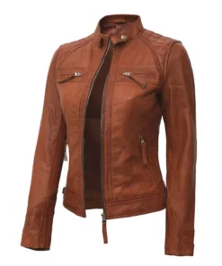 Quilted Brown Leather Jacket for Women